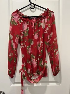 New York & Company transparente rote geblümte Boho Bohemian Bluse Gr. S mit Bindegürtel - Bild 1 von 10