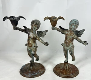 Vintage Bronze Cast Metal Cherub Angel Flower Taper Candle Holder Pair 7” - Picture 1 of 13