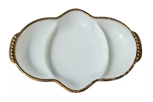 VINTAGE ANCHOR HOCKING FIRE KING 3 COMPARTMENT DIVIDED MILK GLASS GOLD TRIMMED  - Picture 1 of 4