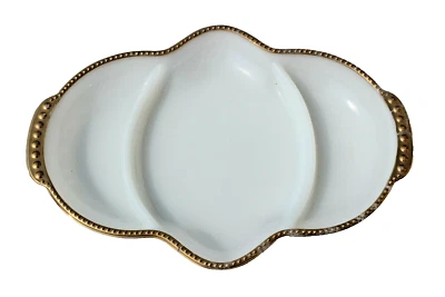 VINTAGE ANCHOR HOCKING FIRE KING 3 COMPARTIMENTOS VIDRO DE LEITE DIVIDIDO APARADO EM OURO  - Imagem 1 de 4