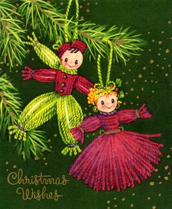 Tarjeta de Navidad vintage MCM KITSCH HILO FLOCADO PAREJA ADORNOS SIN USAR - Imagen 1 de 2