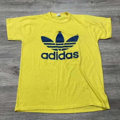 1970s Adidas Trefoil Tee Shirt Yellow Double Sided Mirror Print Yellow Vintage L - Image 1 of 4