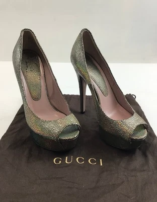 Gucci Platform Peep Toe Stiletto’s-Silver Iridescent Crackled Leather UK 3.5 - Image 1 of 4