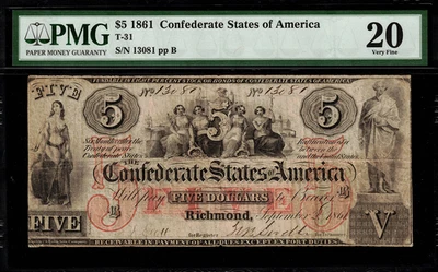 T-31 $5 1861 Confederate Currency CSA - Graded PMG 20 - Very Fine - Image 1 of 2