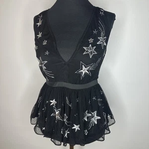 Canotta vintage Y2K Express maglia trasparente stella gotica peplo scollo a V strass taglia 4 - Foto 1 di 13