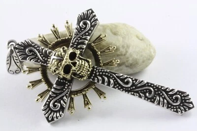 Teschio Templari Cavalieri Templari Ciondolo Croce 925 Vero Argento / 530 - Immagine 1 di 4