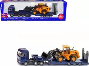 MAN Camion Blu Metallico con Rimorchio Basso e Carica Ruota JCB 457 Giallo - Foto 1 di 6