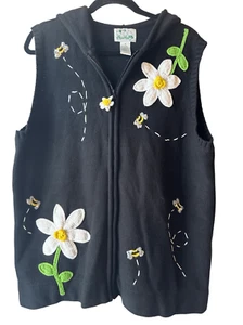 Vintage Quacker Factory Daisy & Bee Crochet Applique Zipper Vest XL Grandmacore - Picture 1 of 7