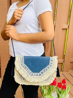 Banjara Bags Jute Handmade Boho Coin Indian Clutch Bag Crossbody Canvas Tote - Image 1 of 4