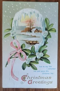 Cartolina auguri di Natale capanna innevata a forma di testa di lago in rilievo vintage - Foto 1 di 2