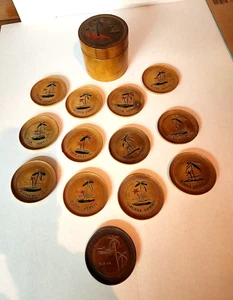 ALOHA HAWAII SOUVENIR 12 WOODEN TIKI LUAU COATERS in LIDDED CONTAINER VINTAGE * - Picture 1 of 16
