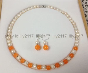 Natural 7-8mm White Akoya Cultured Pearl orange topaz Necklace Earrings Set - Picture 1 of 6