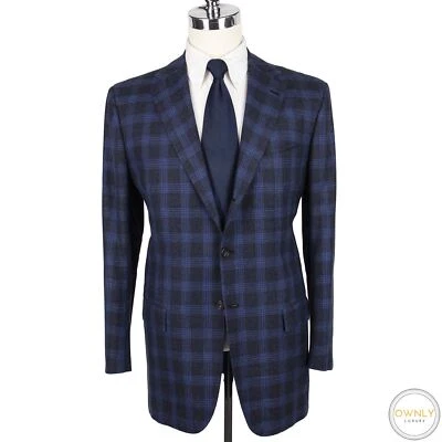 LNWOT Kiton Blue Wool Cashmere Silk Plaid Woven Handmade 3/2 Roll Jacket 44L - Image 1 of 4