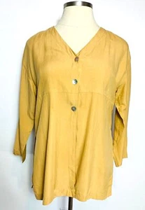 APOSTROPHE Yellow Silk 3/4 Sleeve V Neck Buttoned Blouse M - Picture 1 of 10