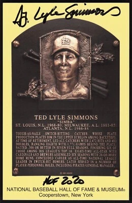 Ted "Lyle" Simmons Autographed Yellow Hall of Fame Plaque Postcard Beckett COA - Image 1 of 2