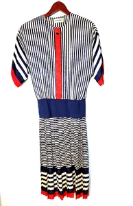 Vintage Adrienne Papell Silk Blue/White Striped Pleated Jacquard Fabric Dress 10 - Picture 1 of 14