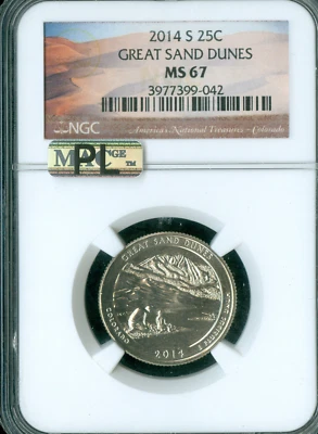 2014 S GREAT SAND DUNES QUARTER NGC MS67 PQ MAC PL  . - Image 1 of 2