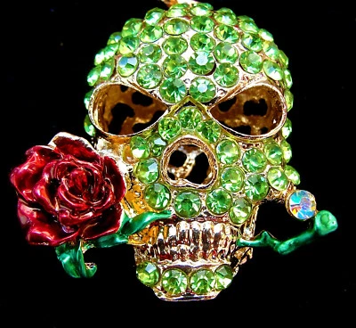 Calavera Grande Rosa Estrás Flor Halloween Disfraz Betsey Johnson Collar Verde Foto 1 de 4