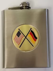 AMERICAN & GERMAN Flag America Germany 6 oz Stainless Steel Flask w 2" Emblem - Picture 1 of 4