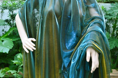 M02 Teal Blue Gold Metallic Iridescent 2 Tones Stretch Mesh Net Fabric Material - Image 1 of 4