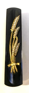 Antique Victorian Vtg 14K GOLD ONYX SEED PEARL MOURNING Brooch / Wheat Pin-Large - Picture 1 of 11