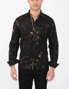 Eight X Slim Fit Premium Black Multi Foil Floral Print Button Down Shirt Size M - Picture 1 of 2