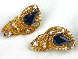 FLORENZA Gold Tone Clip Earrings Tear Drop Faux Pearls AB Stones - Picture 1 of 9