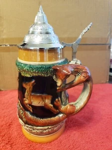 EUC**German Fox Handle Beer Stein Die Grune Heid, Des Jagers Freud Hunting Scene - Picture 1 of 9