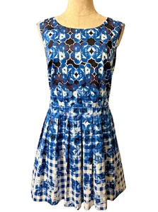 Talbot's Dress Blue White 12 Clover Stretch Cotton A Line Pocket Career Church - Picture 1 of 9