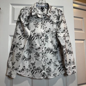 Talbots Non-Iron White Black Floral Butterfly Blouse Long Sleeve Stretch Size 14 - Picture 1 of 11