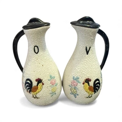 Juego de botellas de aceite y vinagre vintage pintadas a mano con diseño de gallo y floral Foto 1 de 3