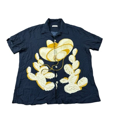Sandro Navy Yellow Cactus Viscose Men’s S/S Button Front Size Large  - Image 1 of 4