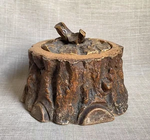 Antique c1880s Novelty Art Pottery Sawn Tree Trunk Stump Tobacco Jar Pot Lid - Picture 1 of 23