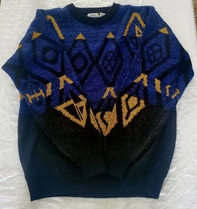 Vintage Robert Bruce Men's Large Geometric Shapes Sweater Blue Black - Picture 1 of 8