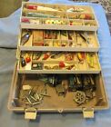 Trophy tackle box loaded with vintage 33 lures 6 reels plus more good condition