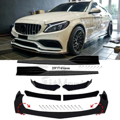 Gloss Black Front Bumper Lip Spoiler Splitter+Side Skirt For Mercedes Benz Sedan - Image 1 of 4