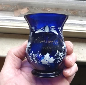 1850s COBALT BLUE FREE BLOWN "REMEMBER ME" GLASS GIFT MUG WITH APPLIED HANDLE - Picture 1 of 9