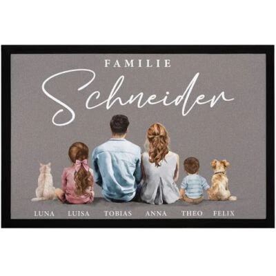Fußmatte Familie mit Namen Figuren personalisierbar 1,2,3,4 Kinder Katze Hund - Bild 1 von 2