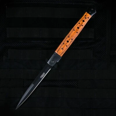 DEFENDER XTREME 13" Large STILETTO Spring Assisted CHERRY WOOD Handle Open FOLDING Pocket Knife