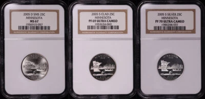 2005-D&S SMS, Clad, & Silver Minnesota State Quarter Set NGC MS-67 & PF-69/70 UC - Image 1 of 2