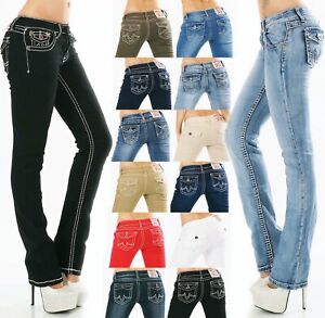 Damen Jeans Hose gerade Straight BootCut Flap Pocket dicke Nähte Stretch S-XXL