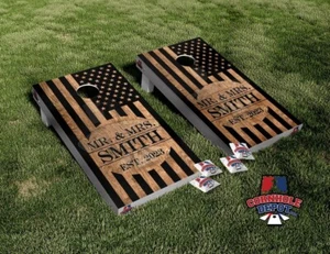 Custom Personalized Name American Flag Dark Wood Cornhole Board Vinyl Wrap Skins - Picture 1 of 5