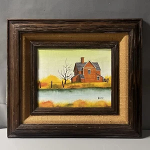 Vintage Oil on Canvas Beaumont Red Cabin on Lake Fall Scene w/ MERRILL CHASE COA - Picture 1 of 9