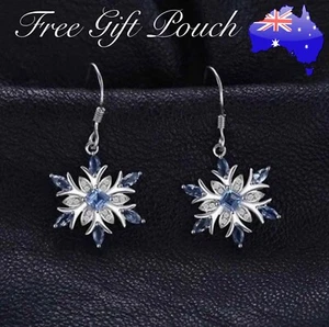 Blue Crystal Frozen Snowflake Drop Dangle Silver Hook Earrings Women’s Xmas Gift - Picture 1 of 12