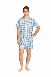 Mens Short Summer Cotton Blend Pyjamas (S-XXL) Pjs Set Blue Checkered - Picture 1 of 5