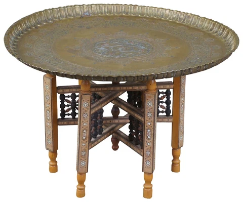 Antique Damascus Tray Table Islamic Brass Calligraphy Copper Etched  Bone Inlay Cover