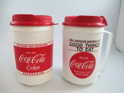Coca-Cola Set of 2 Plastic Insulated Travel Mug Retro White Good Things to Eat - Image 1 of 4