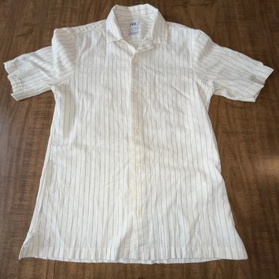 Zara Button Shirt Men Small Beige Striped Collar Short Sleeve Relaxed Fit Adult - Image 1 of 4
