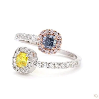 Выращенное в лаборатории кольцо с двумя яркими желтыми и синими бриллиантами 1,14 карата TDW — золото 14 карат - Изображение 1 из 4