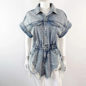 Rych Label Blue Distressed Denim Romper Size M Short Sleeve Cowgirl Festival - Picture 1 of 13